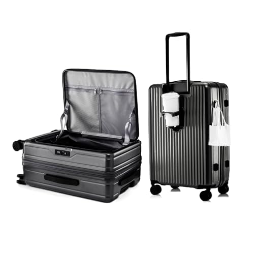 HotWay 24 Inch Expandable Checked Luggage with Cup Holder, Hardside TSA Approved Luggage with Spinner Wheels, Top Opening Suitcase For Travel, Black