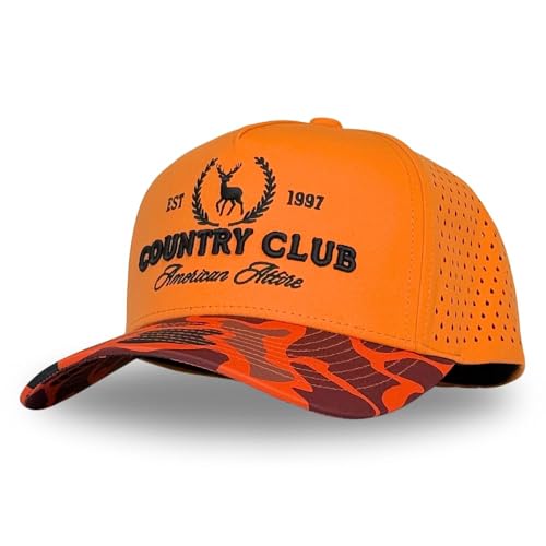 Athletic Trucker Golf Hat | Performance Mens 5 Panel Hat | Cool Breathable Waterproof Sweat Proof Workout Running Cap | Golf Gear A Frame Rope | Snapback Adjustable Hat (Country Club | Blaze Orange)