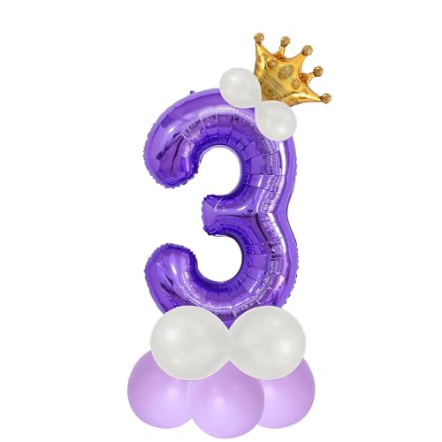 Image of Purple 3 Number Foil Balloon with Crown & Base Balloons | 32 Inch Helium Supported for Birthday, Anniversary, Baby Shower Decoration - Pack of 14