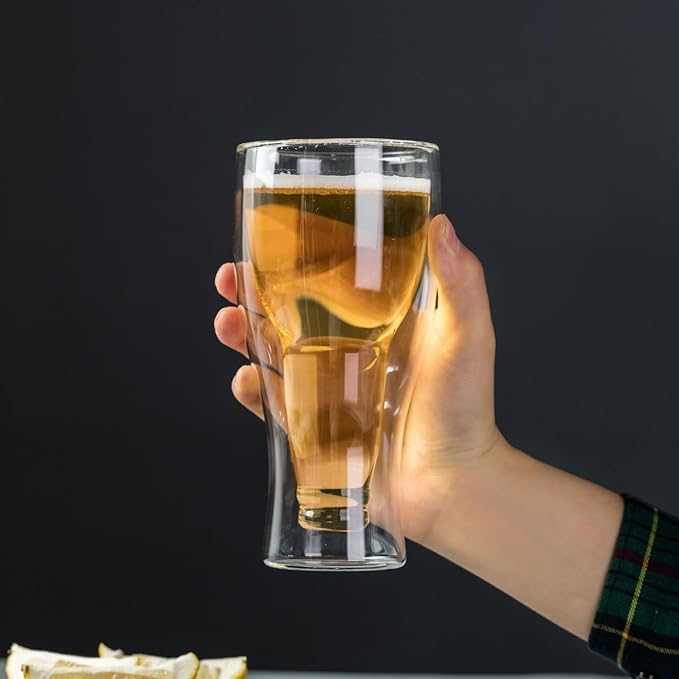 Image of PrimeWorld Double Wall Beer Mugs 300ml - Set of 2 pcs | Freezable Upside Down Borosilicate Glasses | Insulated No-Sweat Cups for Iced Beer, Cocktails, Camping & Home Bar