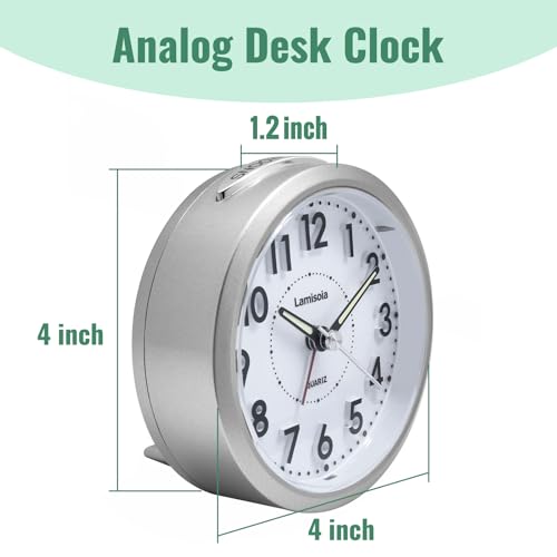 Image of Lamisola 4 Inch Alarm Clock for Bedrooms, Small Analog Desk Clock, Silver | Battery Operated Bedside Clock for Bedroom Bathroom Home Nightstand Shelf, Night Light Snooze, Minimalist Clocks for Seniors