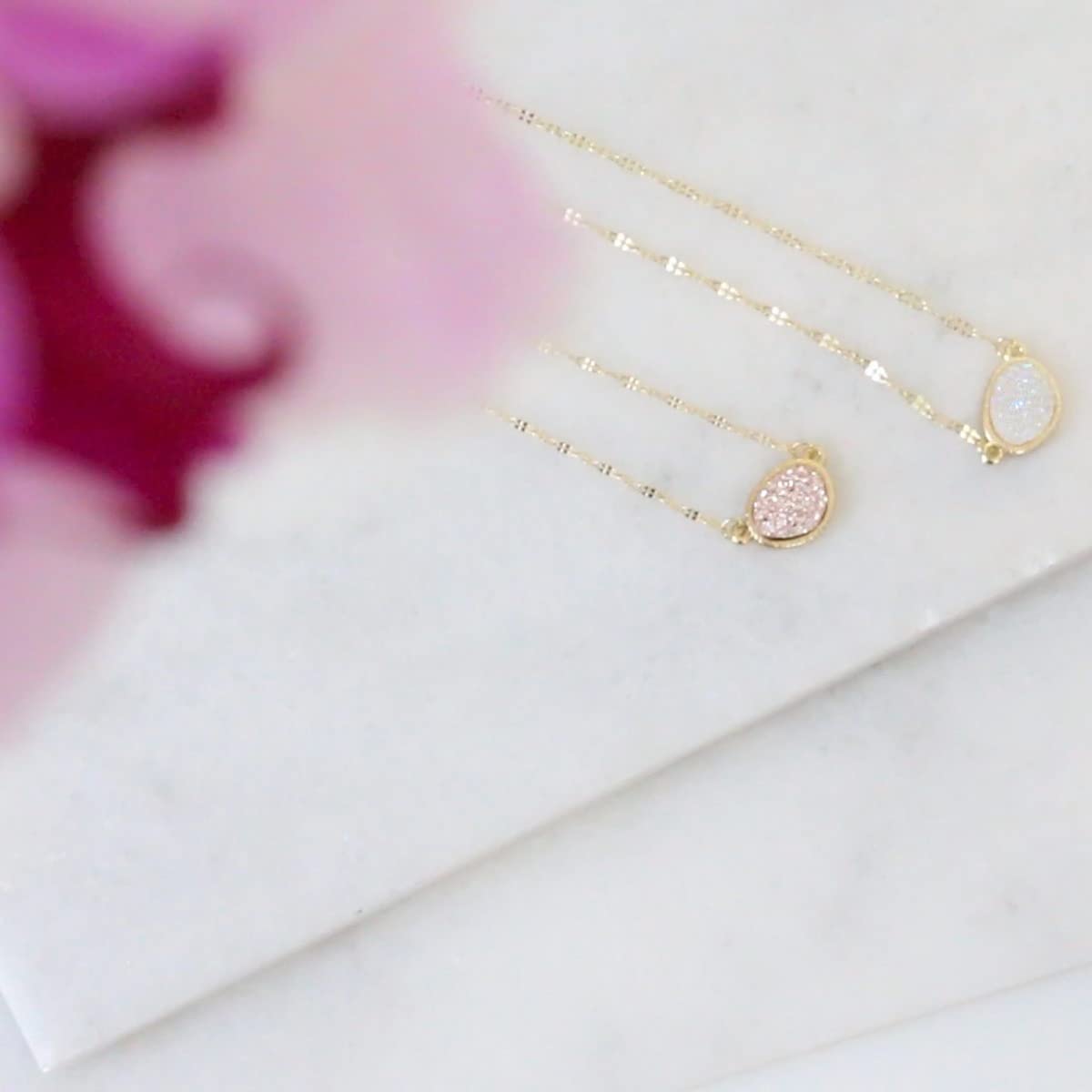 Humble Chic NY Simulated Druzy Pendant Necklace for Women with Sparkly Oval Stone - Gold or Rose Gold Tone Chain - 16" with 3" Extender - Image 8