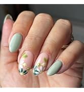 Green Press on Nails Short Almond Fake Nails Flower False Nails Press ons with Designs Reusable A...