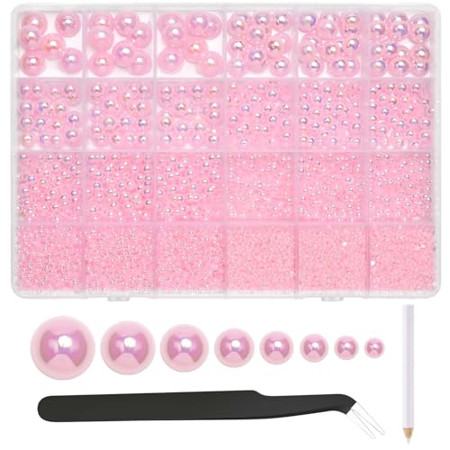 NACHLYNN 12000 Pcs Half Pearl Bead 8 Sizes AB Light Pink Flatback Pearl Beads for Crafts Graduation Cap Embellishment Shoes Phone Case Making
