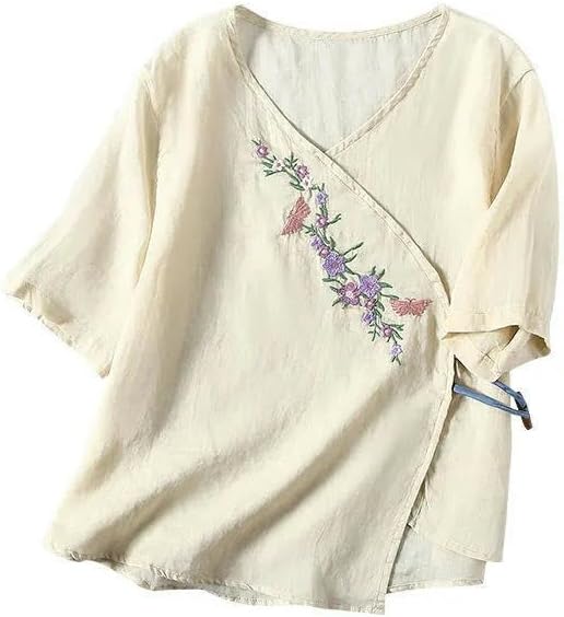 Women's Summer Embroidered Cotton Linen Short Sleeve Top Loose Fit Literary Casual Style