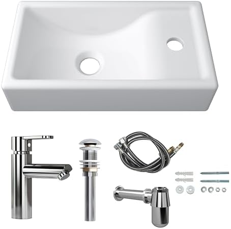 MEJE 16-Inch Wall Hung Basin Sink Combo, Small Cloakroom Basin, Rectangle Ceramic Bathroom Wash Basin - Right Hand Sink Set (Include Faucet & Pop-up Drain)