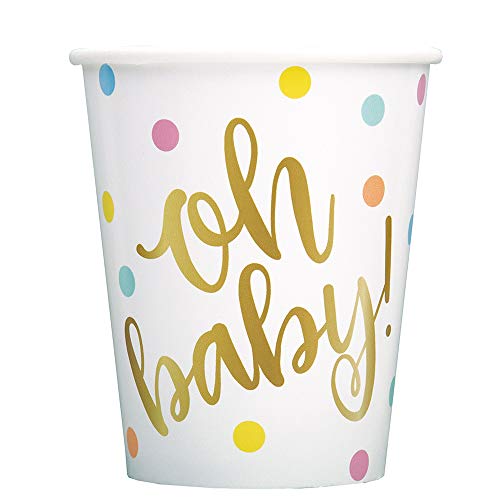 Unique Oh Baby! Baby Shower Paper Cups in Gold - 9 oz. (Pack of 8) - Durable & Convenient Party Essential, Perfect For Baby Showers & Celebrations