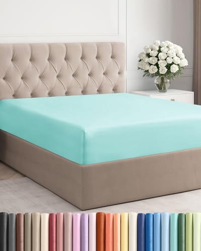 Full Fitted Bed Sheet - Bottom Single Fitted Sheet Only - Ultra-Soft Hotel Luxury Bedding w/ 8-16 Inch Deep Pockets - Breathable, Cooling & Wrinkle Free - Easy-Fit, Fade & Shrink Resistant - Spa Blue