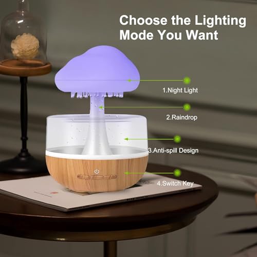 Image of Plastic Raining Cloud Night Light Aromatherapy Essential Oil Diffuser Micro Humidifier Desk Fountain Bedside Sleeping Relaxing Mood Water Drop Sound for Bedroom, Office or Yoga (Raining Cloud)