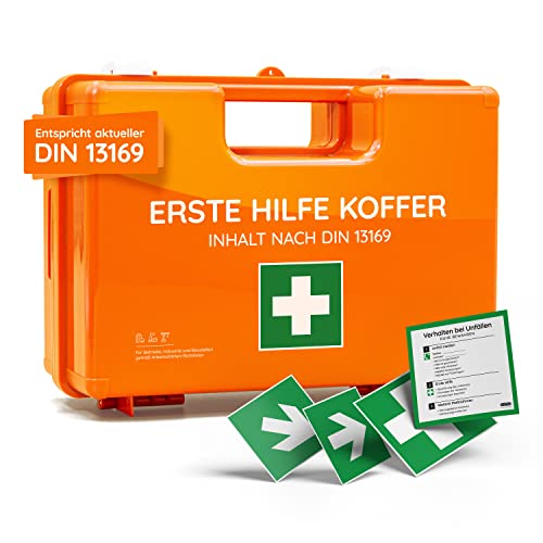 Erste-Hilfe-Koffer für Betriebe DIN 13169 in orange, Verbandkasten gefüllt und mit Wandhalterung