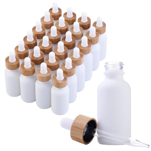 Focus Nutrition 24 Pack White Coated Boston Round Essential Oils Aromatherapy Glass Bottles Jar with Bamboo Dropper Cap, 1oz