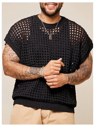 Men's Big and Tall Hollow Out Crochet Sweater Vest Cap Sleeve Sheer Sleeveless Tank Tops Knitwear3