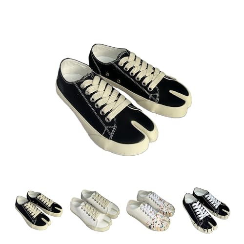 Women's Tabi Canvas Sneakers, Graffiti Cross-Lace Shoes, Black, Size 8