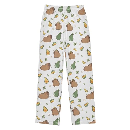 Capybara with Avocados White Pattern Cute Pajama Pants, Soft Sleepwear Lounge Pants Pajama Pj Bottoms for 6-14 Years