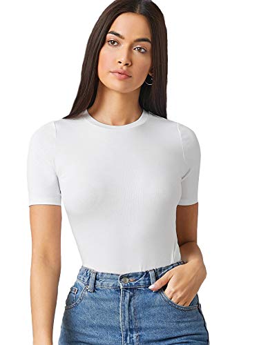 Romwe Women's Short Sleeve Bodycon Round Neck Casual Basic Bodysuit White S #TOP3