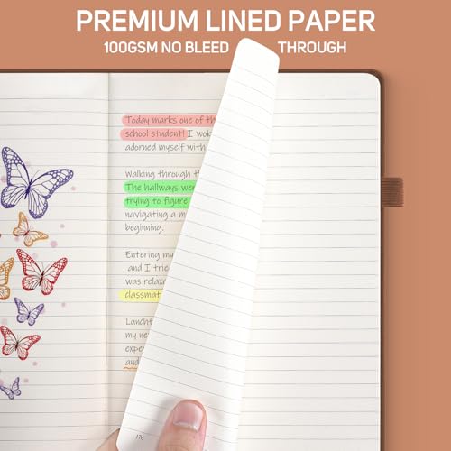 Caderno pautado A5, diário de 312 páginas numeradas grossas para mulheres, diários de couro para esc