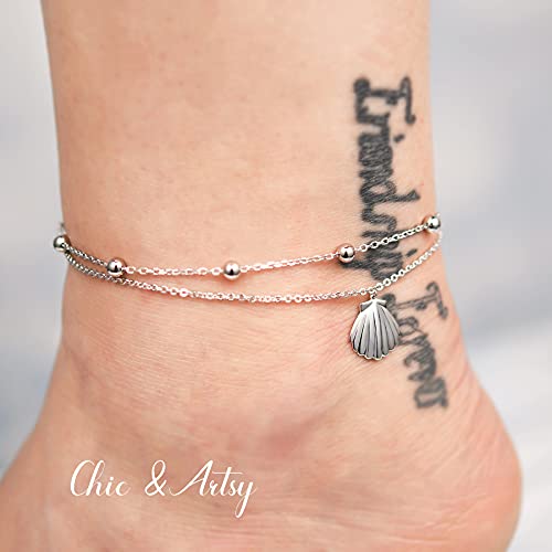 Chic & Artsy Scallop Shell Anklet 925 Sterling Silver Scallop Shell Ankle Bracelet Adjustable 11 Inches Boho Layered Foot Anklet For Women Beach Double Chain Anklet #TOP1