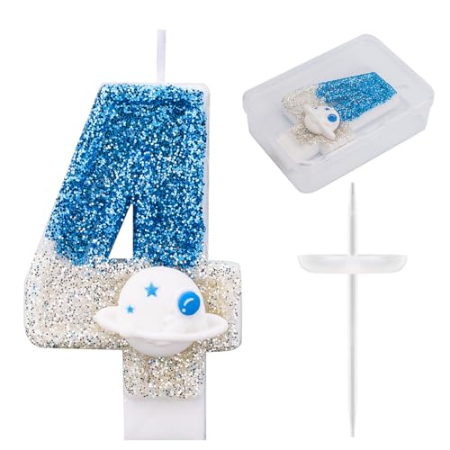 Vela Cumpleaños Temática Espacial, Vela Brillante Astronauta y Número Adorno para Tarta Nave Espacial Ideal Como Decoración para Tartas y Recuerdos Fiesta(Número 4)