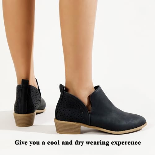 JITUUE Ankle Boots for Women Casual Cut Out Slip On Low Heel Short Chunky Stacked Heel Perforated Side V Cut Western Booties Cutout Shoes(Black,US 10 — view 3