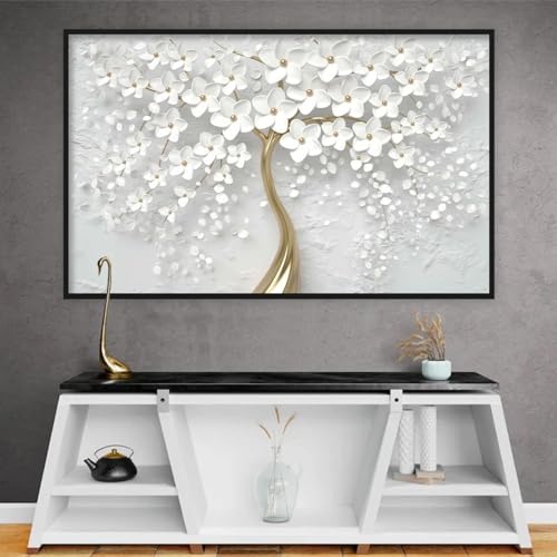 Toile fleurs blanches d'arbre doré 70x100 de qualité supérieure