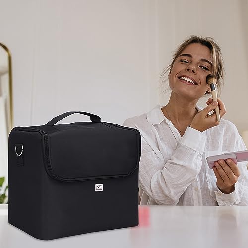 Image of NFI essentials Large Makeup Case, Professional Beauty Train Case Bag, Vanity Travel Brush Case with 4 Trays and Strap, Large Storage Make up Box Cosmetic Organizer