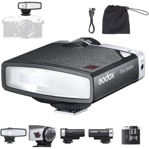 Image of Godox Lux Junior Retro Camera Flash with PC sync Ports (Black, 4.6oz) | GN12, 1 /1-1 /64 Flash Power, Auto&Manual Modes, 6000±200K, 28mm Focal Length with Sync Cable for Canon Nikon Sony Fuji Olympus