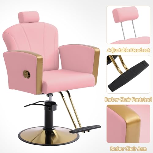 KIGOTY Salon Barber Chair, 360 Degree Swivel Shampoo Chair for Salon Barbershop, Reclining Salon Chair for Hair Stylist, Height Adjustable Hydraulic Hair Salon Chair (Pink-Gold)