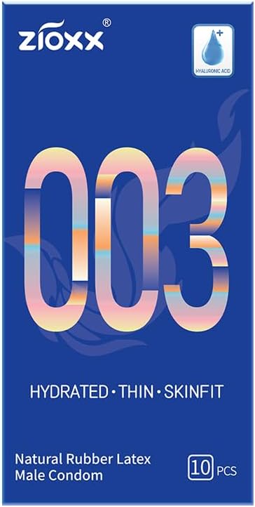 ZIOXX 003 Ultra Thin Condoms, Natural Latex Lubricated Condoms, Sensitive Smooth Fit, Hyaluronic Acid Lubricant, Non-Silicone, Odorless, 10 Count