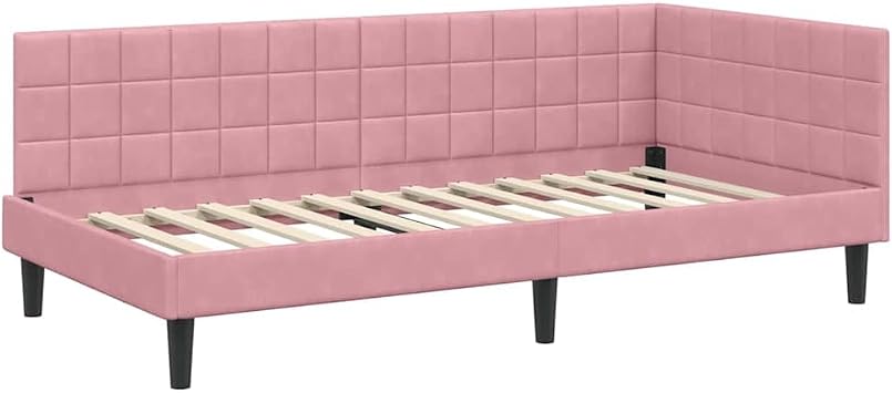 Corner Bed Frame 90 x 200 cm Pink Velvet with Headboard L Shape Space Saving Versatile Sofa Bed Modern Design Durable