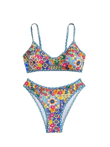 RoseSeek Women's 2 Piece Floral Boho High Cut Bikini Sets Wireless Swimsuit Bathing Suit Multicolor Small