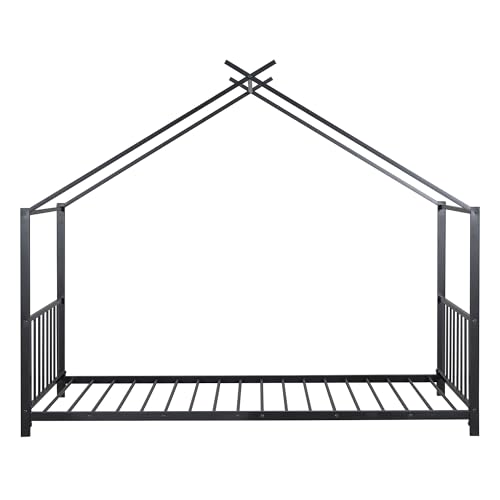 Bellemave Twin Size Tent Floor BedFrame for Kids, Metal Montessori Beds with slats, Twin House Bed for Kids Girls Boys, Wash Black by Bellemave - Used condition - Image 7