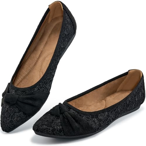 Ablanczoom Dress Shoes for Womens Flats: Dressy Comfortable Pointed Toe Bow Lace Mesh Ballet Flat Wedding Bridal Shoe for Women