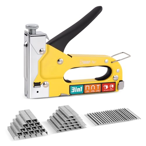 Sharp-tec 3-in-1 Staple Gun Upholstery Staple Gun Kit with 3000 Staples Staplers & Tackers with Quick-Jam Release for Wood Cardboard Crafts DIY Cable Carpet (Yellow)