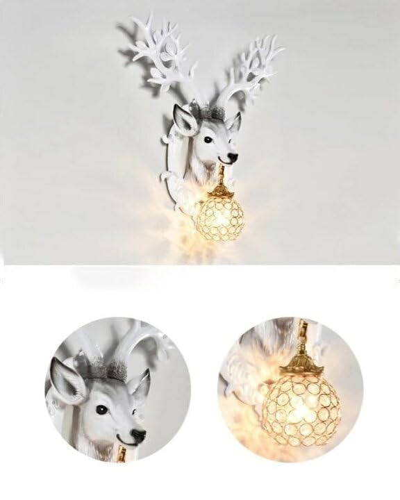 Image of Deer Head Wall Sconce with Crystal Ball Shade, White Resin Antler Wall Light, Rustic Lodge Decor Lamp for Living Room, Bedroom, Hallway, Entryway, Nordic Style Wall Mounted Fixture, 56x51cm