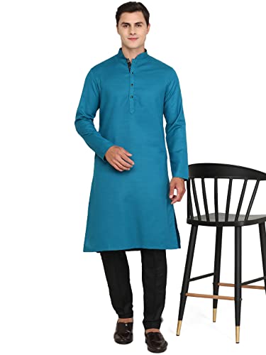 Image of Men's Silk Blend Peacock Blue Solid Kurta | Easy to Wear Ethnic Designer Kurta for Any Occasion