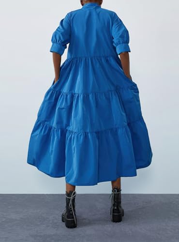 Image of chouyatou Women's Summer Puff Sleeve Maxi Tiered Babydoll Dress Casual A-Line Swing Long Shirt Dress
