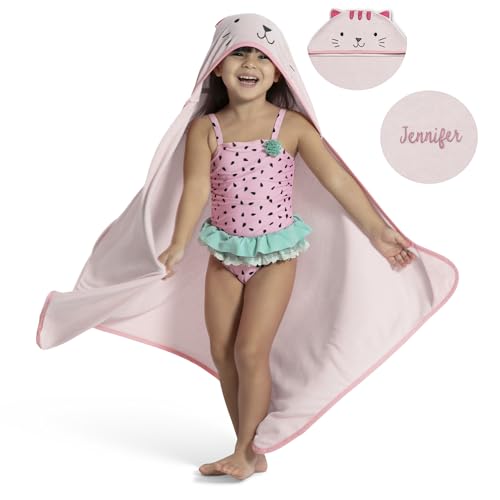 Image of Delta Children Personalized Kids Hooded Bath Towel with Pockets - Super Soft and Absorbent- Great Gift for Boys and Girls, Pink Cat