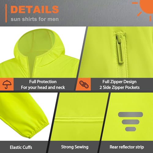 Besentinels UPF 50+ Light Jacket Full Zip for Men,UV Protection Sun Shirts for Men with Hoodie,Fishing,Hiking,Golf,Cycling,Breathable,FSY-Yellow-L