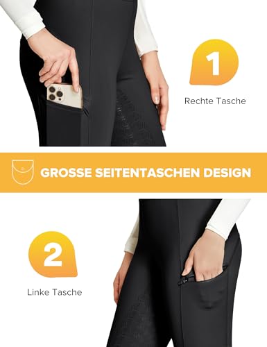 FitsT4 Sports Reitleggings Damen Reithose Mädchen Silikon vollbesatz mit Handytasche und Gürtelschlaufen für Reitsport Pferdetraining,Schwarz,M