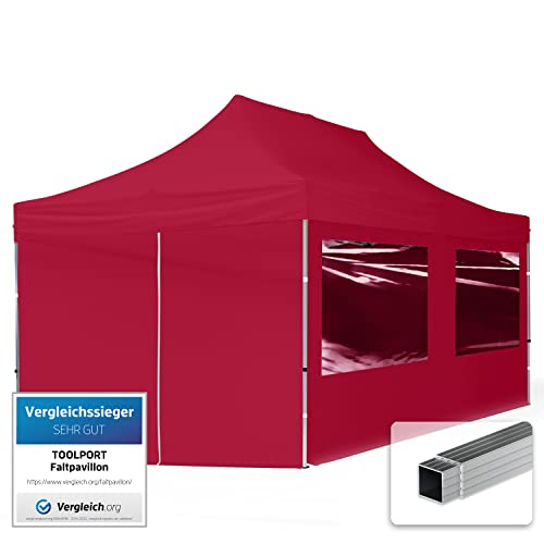 TOOLPORT Tente Pliante 3x6 m - 4 côtés Aluminium Barnum Chapiteau Pliant Tonnelle Stand Paddock Réception Abri PES300 Rouge