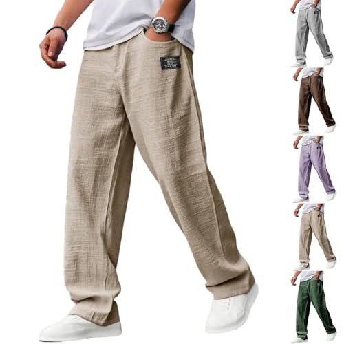 Mens Cotton Linen Pants, Casual Hemp Fabric Embroidered Logo Loose Comfort Trousers Drawstring Pockets Golf Pants