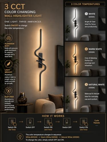 Image of FILLISKA Led Wall Highlighter Light, 3-in-1 Colour Changing, Luxurious Wall Decor (18 Watt MattBlack Wave-626)