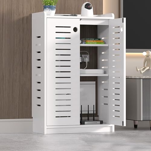 Caja de almacenamiento con enrutador WiFi, organizador multimedia para módem y regleta de alimentación, muebles blancos elegantes (50 x 80 x 25 cm)