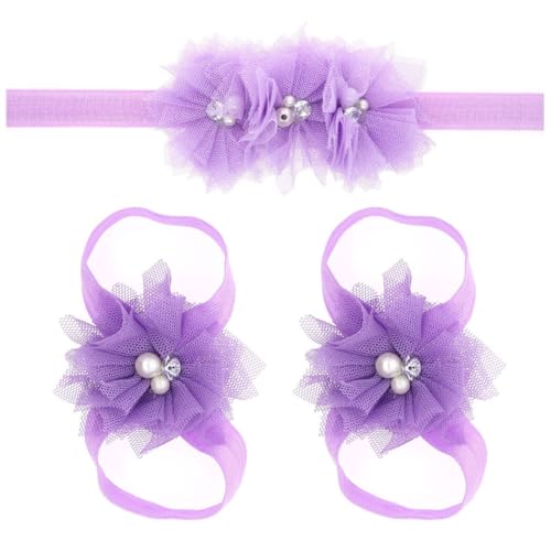 Chewtoyo Faixa de cabeça de renda floral para bebês com sandálias descalço combinando - adorável con