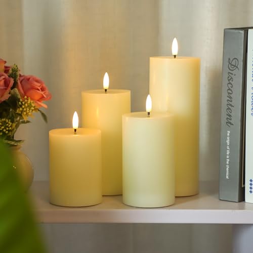 Image of Lezonic Ivory LED Flameless Candles with Remote Timer, 4 Pack Battery Operated Candles Flickering, Grease Design Real Wax Pillar for Wedding Decor, Centerpiece, Birthday Gifts (4 /5 /6 /8 Inch)