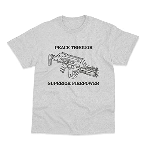 Image of Peace Through Superior Fire Power Inspired by Aliens Printed T-Shirt Medium Grey