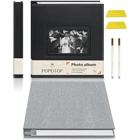 [2-Pack] Popotop Photo Album Self Adhesive Scrapbook Album for 4x6 5x7 8x10 Pictures DIY Photo Book, Gifts for Women Mom, Wedding Baby Family, Leather & Linen Cover Book with Scraper and Metallic Pen Cover