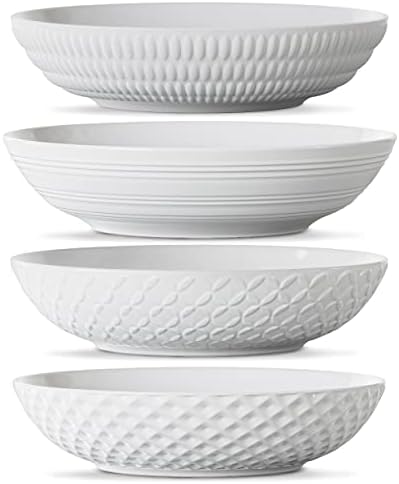 Maison Neuve Premium Porcelain White Dinner Bowls [Set of 4]- 34oz Dinnerware Kitchen Bowls For Soup, Noodle, Pasta, Salad, Cereal, Dessert- Durable Dishwasher-Safe 8.5” Serving Bowls- Textured White