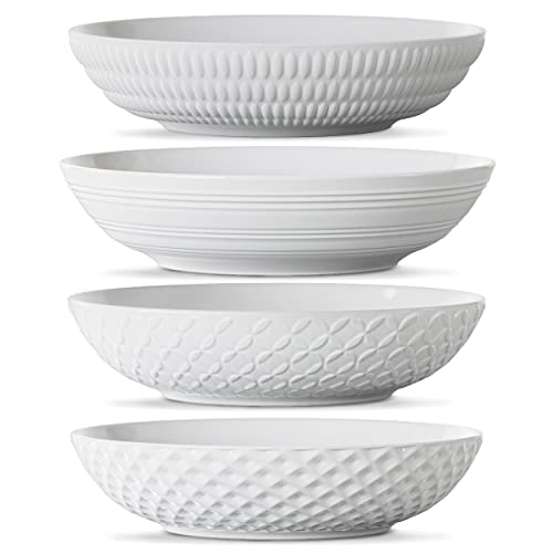 Maison Neuve Set of 4 White 34oz Porcelain Dinner Bowls – Dishwasher-Safe Textured 8.5″ Bowls For Soup, Pasta, Cereal