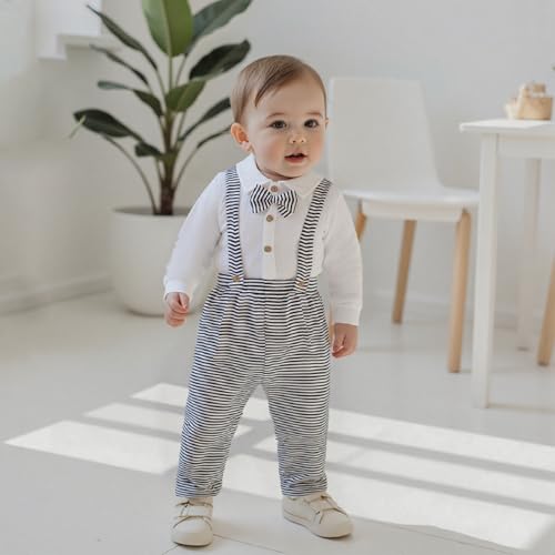 Image of VISGOGO Toddler Boy Linen Outfit Baby Boy Fall Winter Clothes Set Button-Down Shirt Tops Cotton Linen Pants 2PCS (Black-Striped, 0-6 Months)